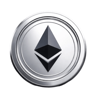 Koin Ethereum (ETH) dengan elemen grafis melayang di sekitarnya